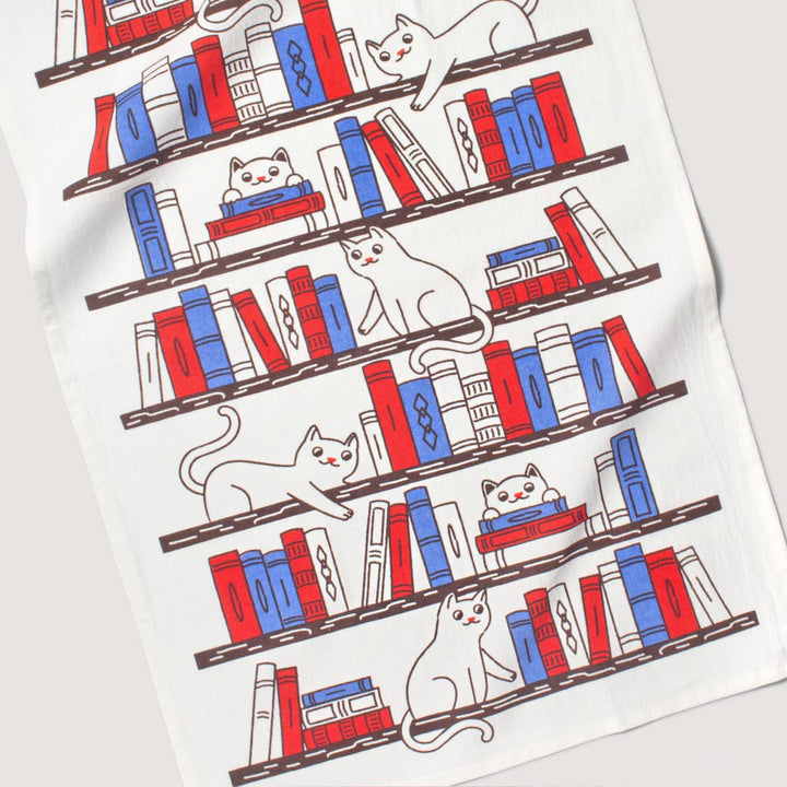 Bookshelf Cats Tea Towel