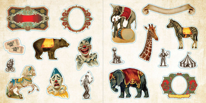 Sample page from sticker book with colorful circus animals.