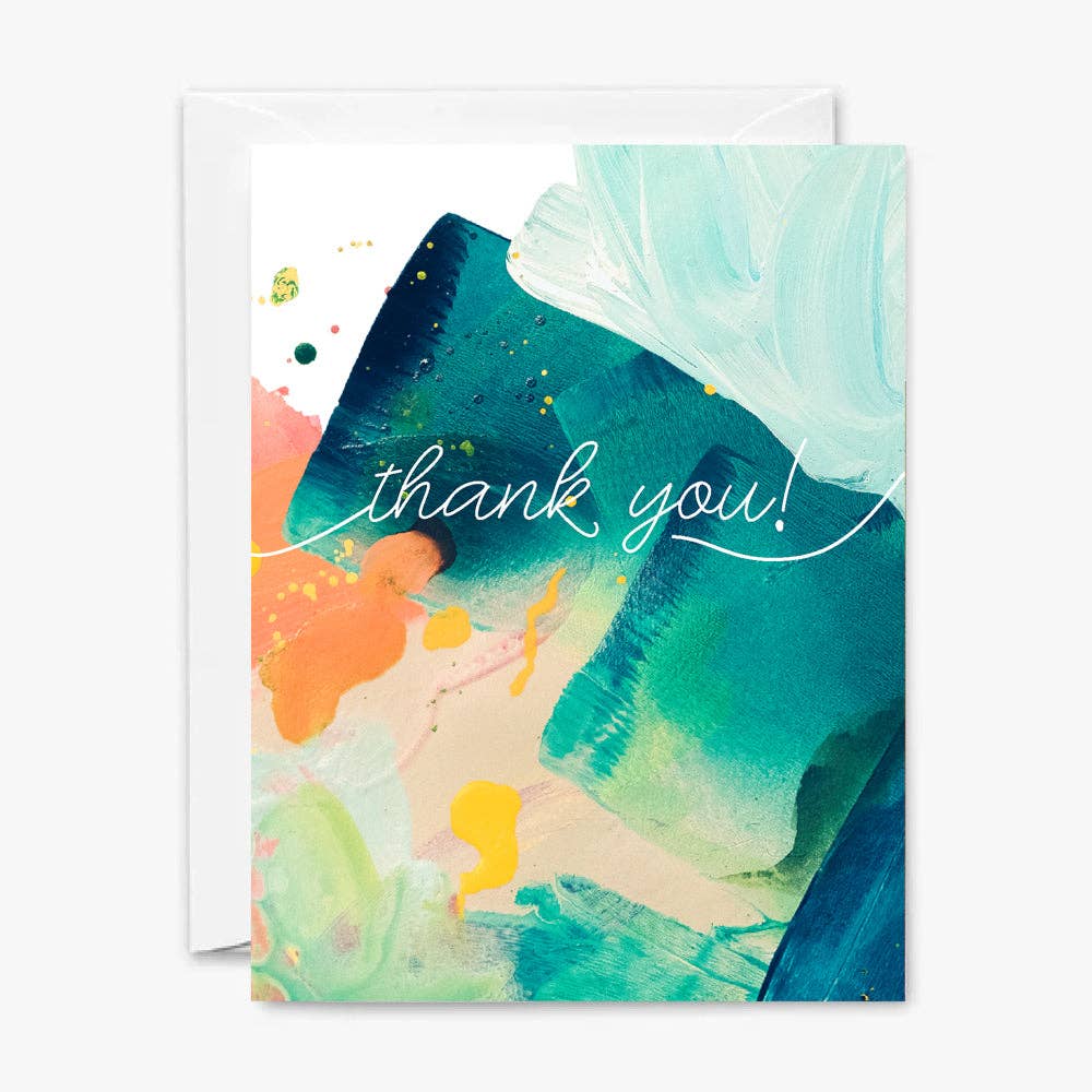 Front of thank you card with abstract design in shades of green and a bit of yellow and orange with 'thank you!' text in white. 