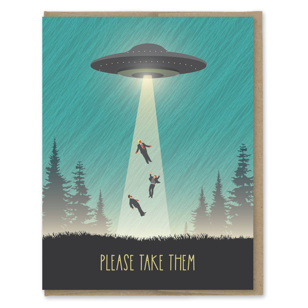 UFO abduction scene with certain  leaders being lifted into a flying saucer, set against a forest background.