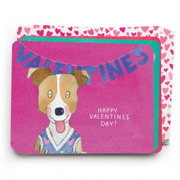Valentine's Day card with a smiling dog below a Valentine's banner.