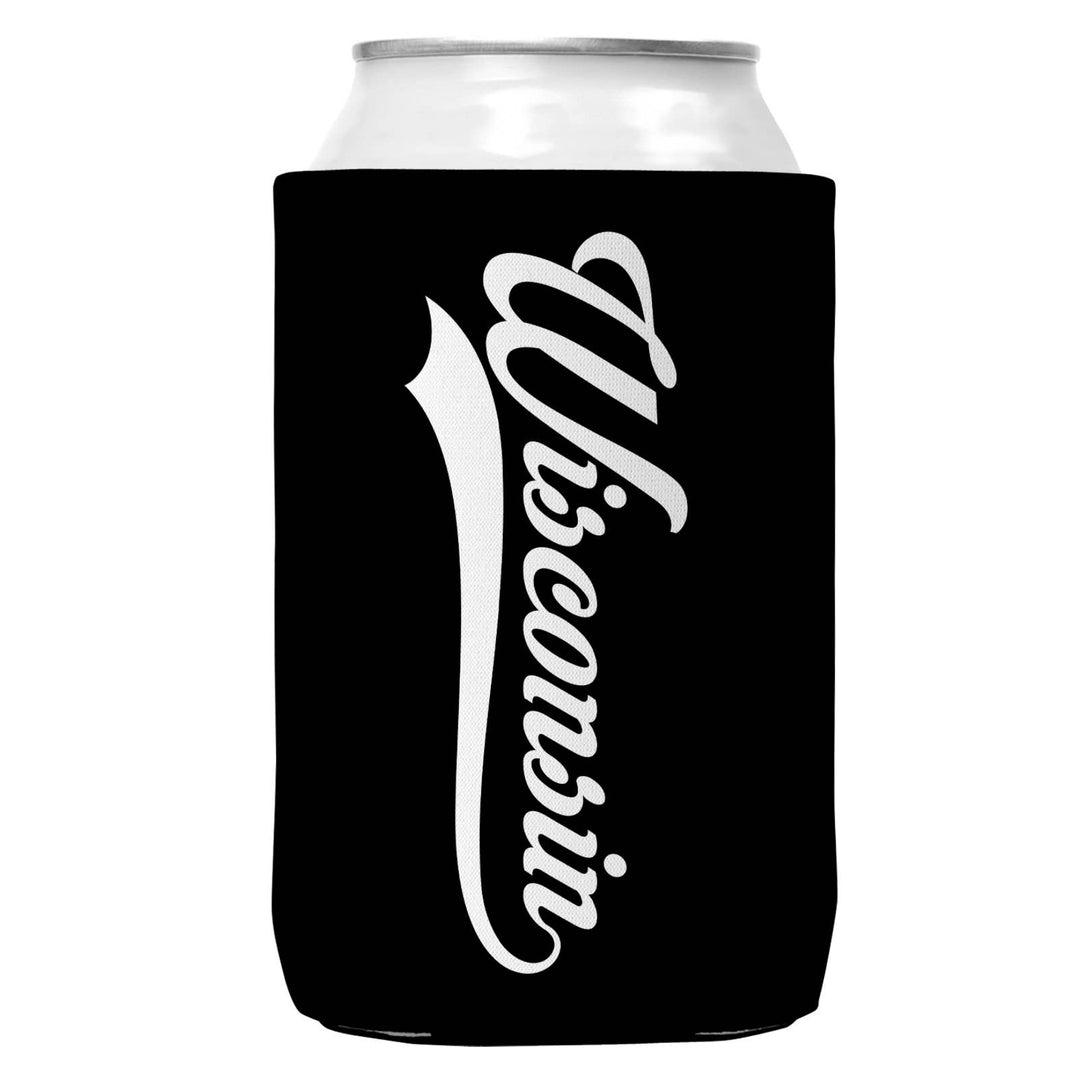 Black can cooler with 'Wisconsin' printed in script vertically.