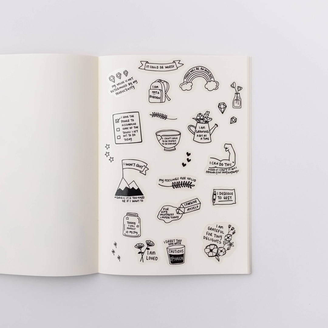 All the stickers on a notebook page.