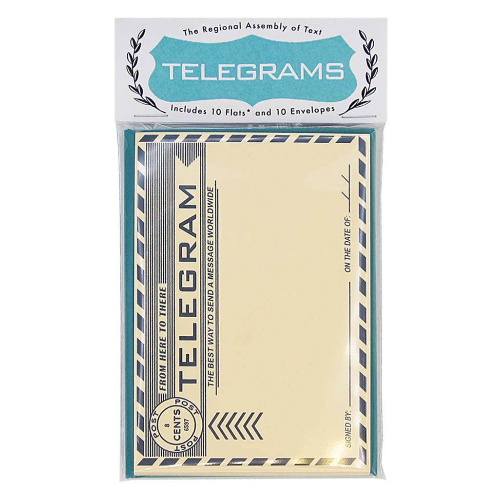 Packaged set of telegram flats and envelopes with branding on a white background