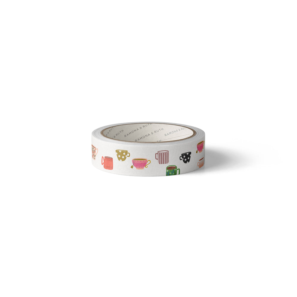 Side view of a roll of washi tape with colorful coffee cups and mugs on a white background