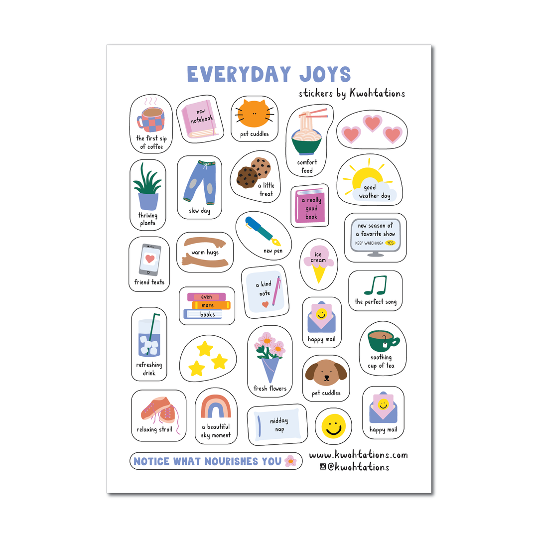 Sheet of 30 stickers to celebrate the little things that bring joy, like the perfect song or a slow day.