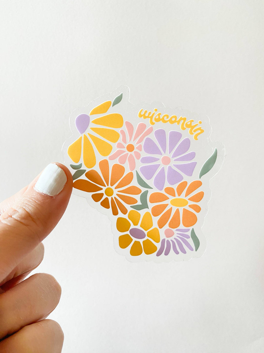 Colorful floral design, with 'Wisconsin' text in yellow, on a clear background.