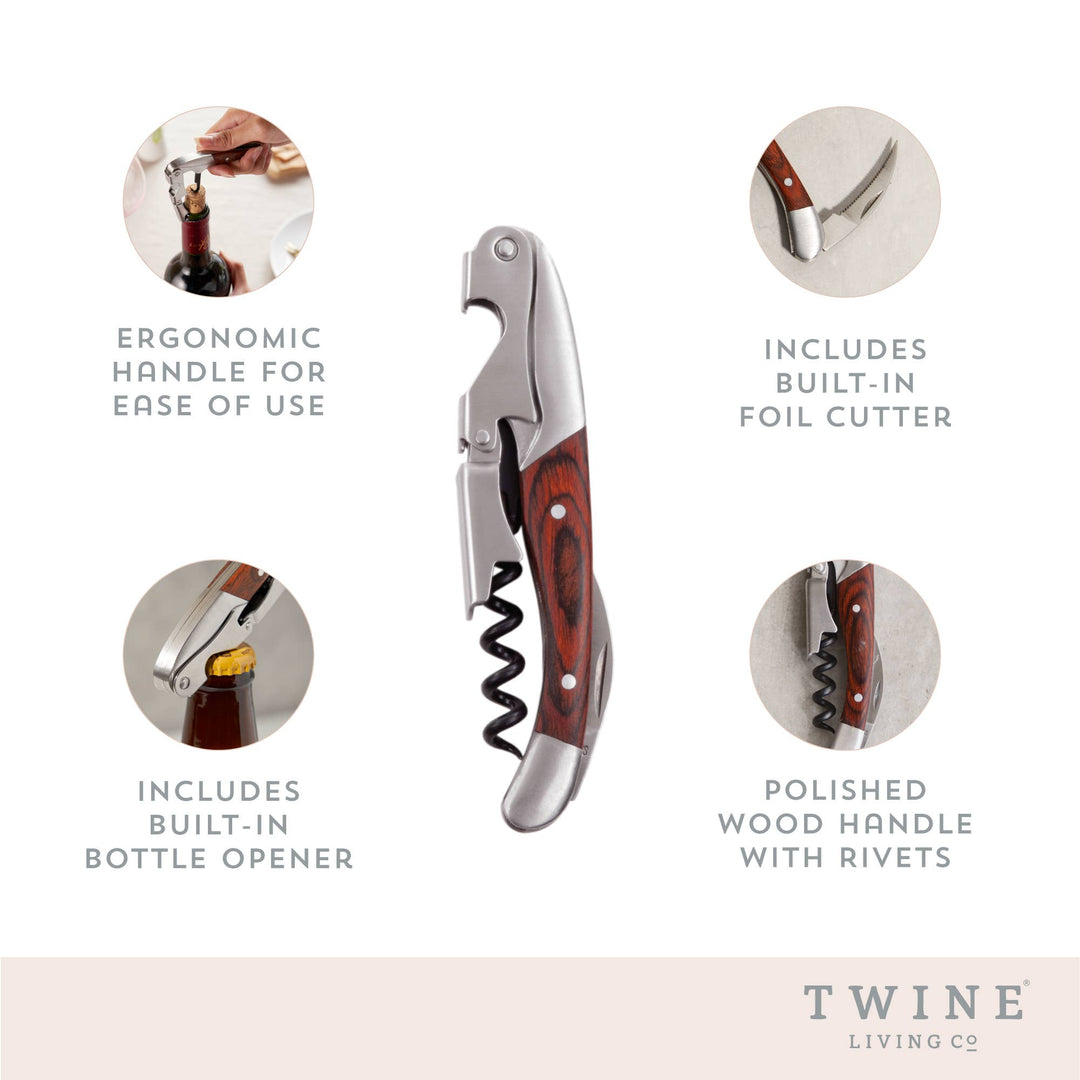 Waiter's corkscrew with built-in bottle opener and foil cutter, and ergonomic handle. From Twine Living Co.