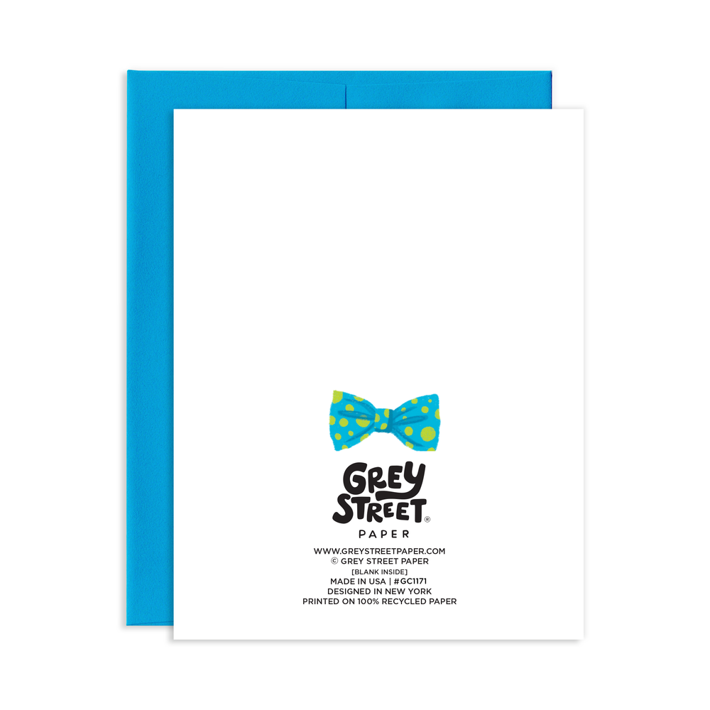Back of card with the turquoise bow tie with yellow dots above Grey Street info.