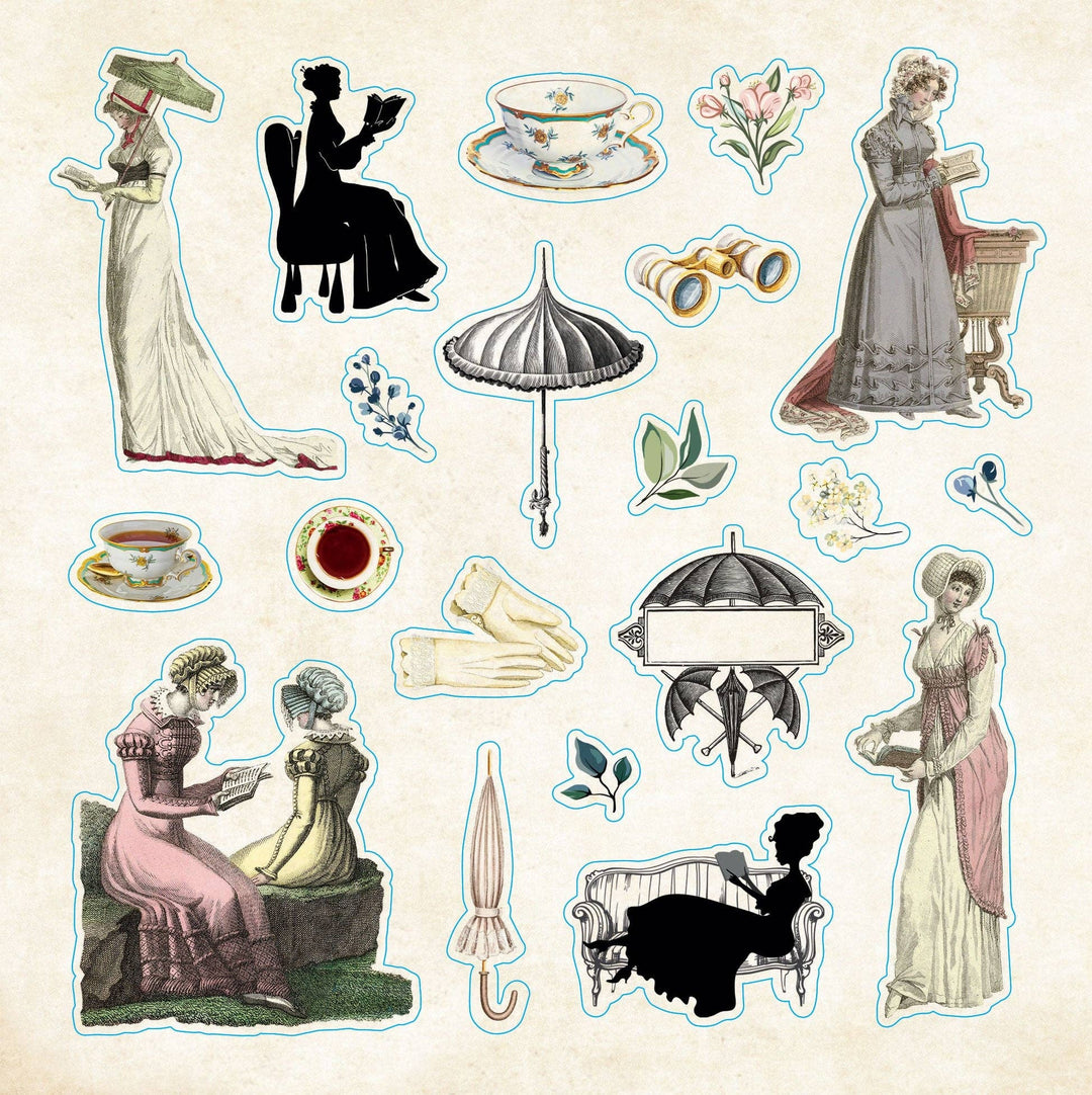 Sample page from sticker book of vintage images of women and their objects.