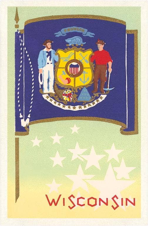 The state seal of Wisconsin on a blue flag; white stars are in the background of the red text.