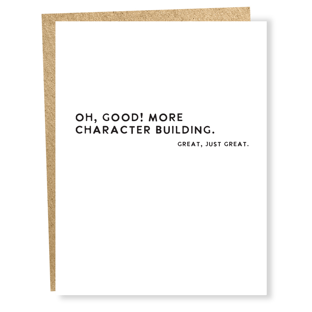 Front of card with black text in a sans serif font and capital letters on an ecru background.