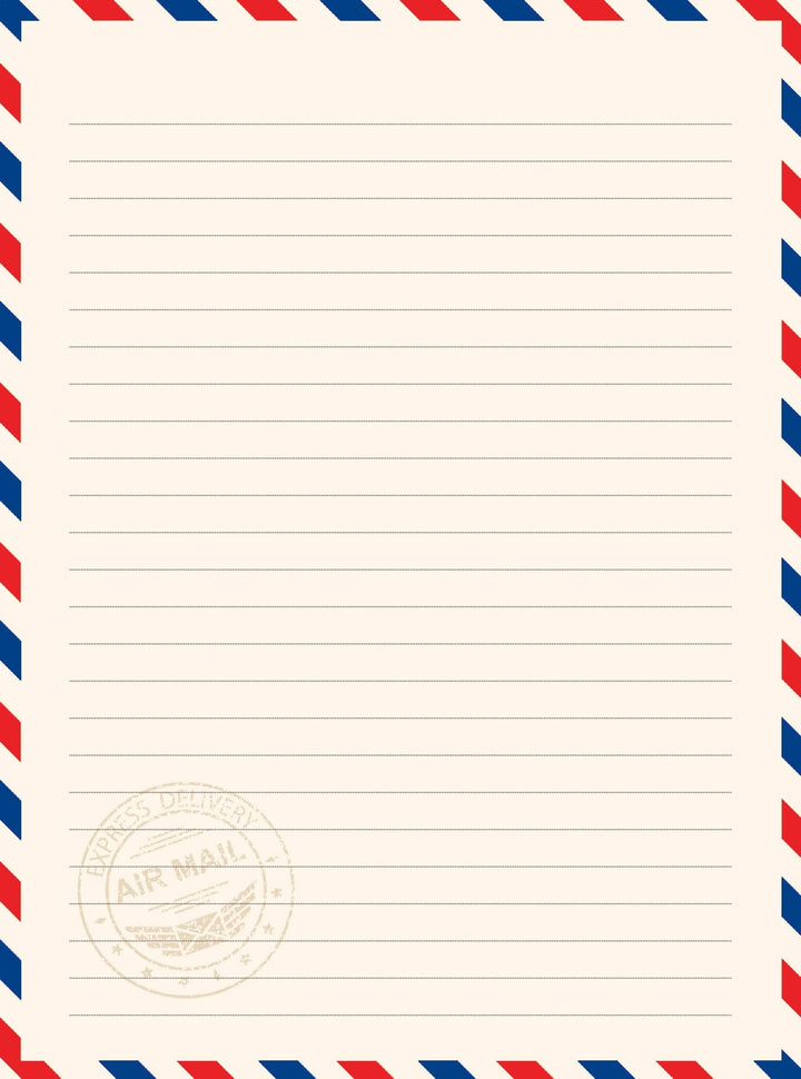 Lined paper with airmail design border and "airmail" watermark in lower left corner.