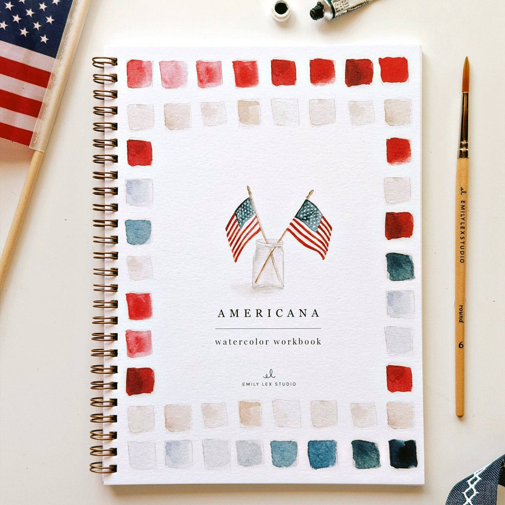 Americana watercolor workbook with American flags and color swatches around the perimeter.