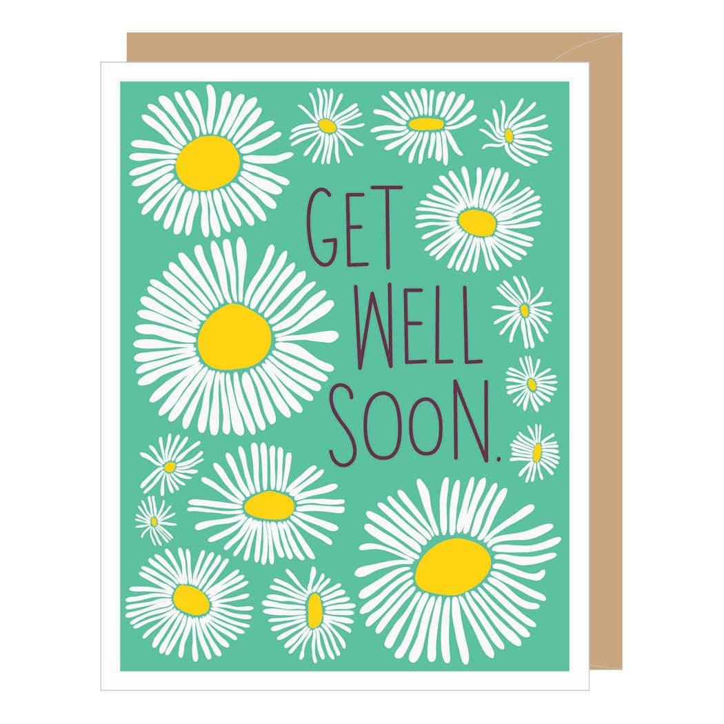 Pattern of daisies of varying sizes with  'Get Well Soon' text on a green background.
