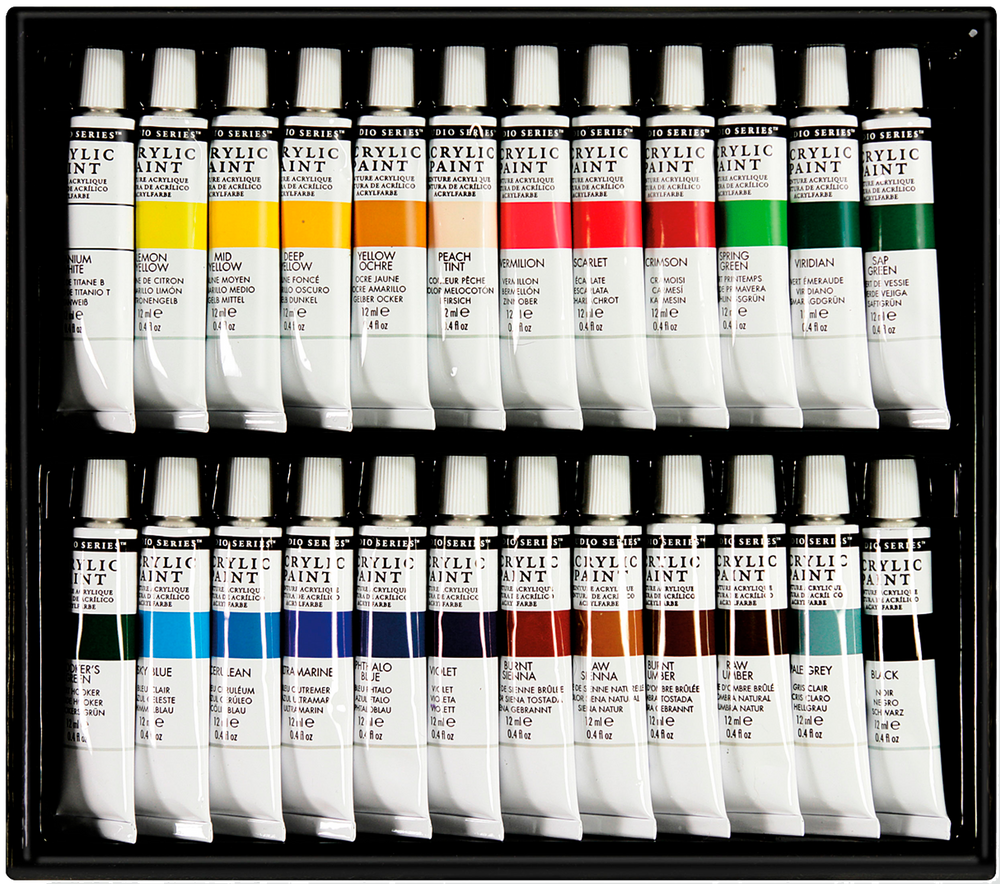 Open box of acrylic paint set.