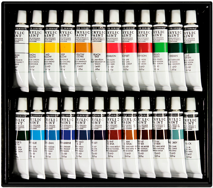 Open box of acrylic paint set.