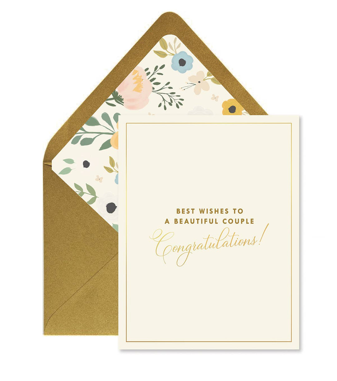 Gold text on a white background with a thin gold border.  A golden envelope with floral interior is behind the card.