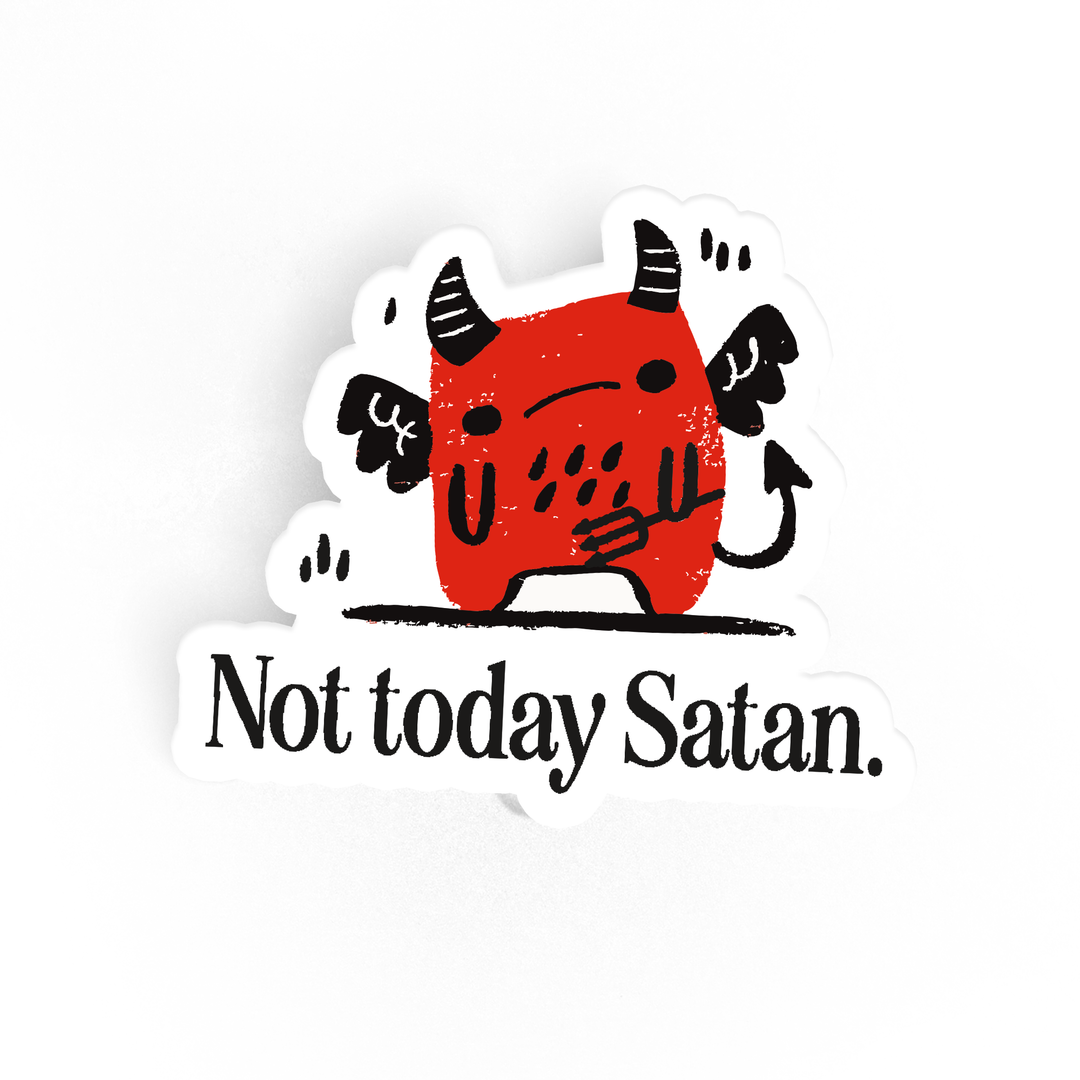 Sticker with a devil graphic and 'Not today Satan' text 