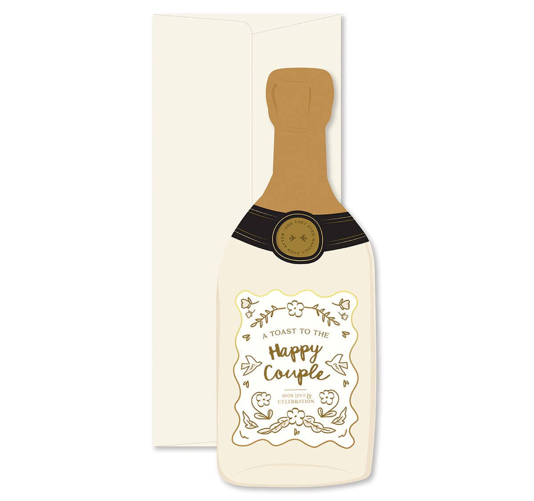 Card shaped like a champagne bottle with a brown top and white label in front of off-white envelope.