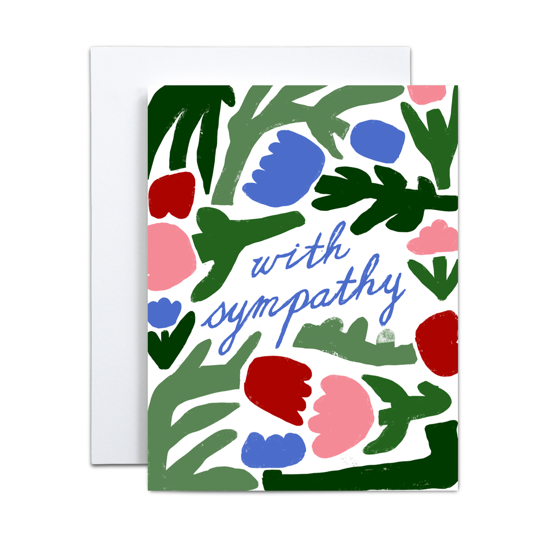 Hand drawn illustration of flowers predominantly green with red, pink and blue flower heads.