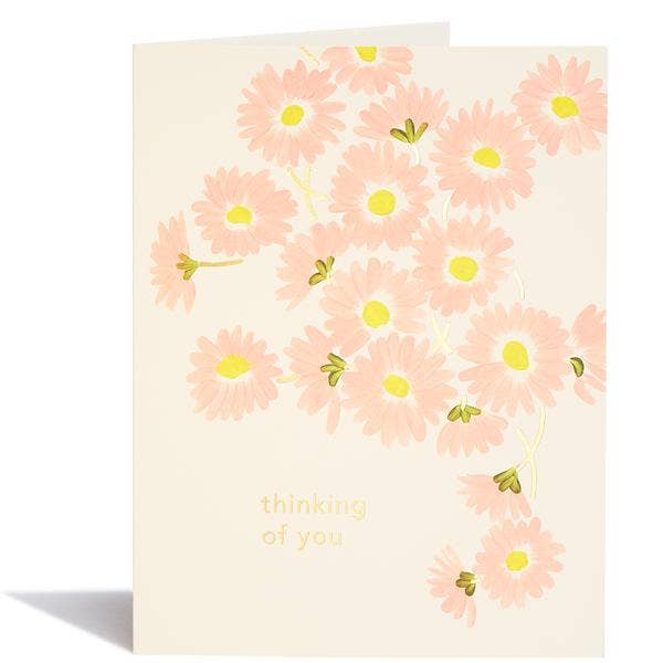 Pink flowers with yellow centers fill the card with text at the bottom.