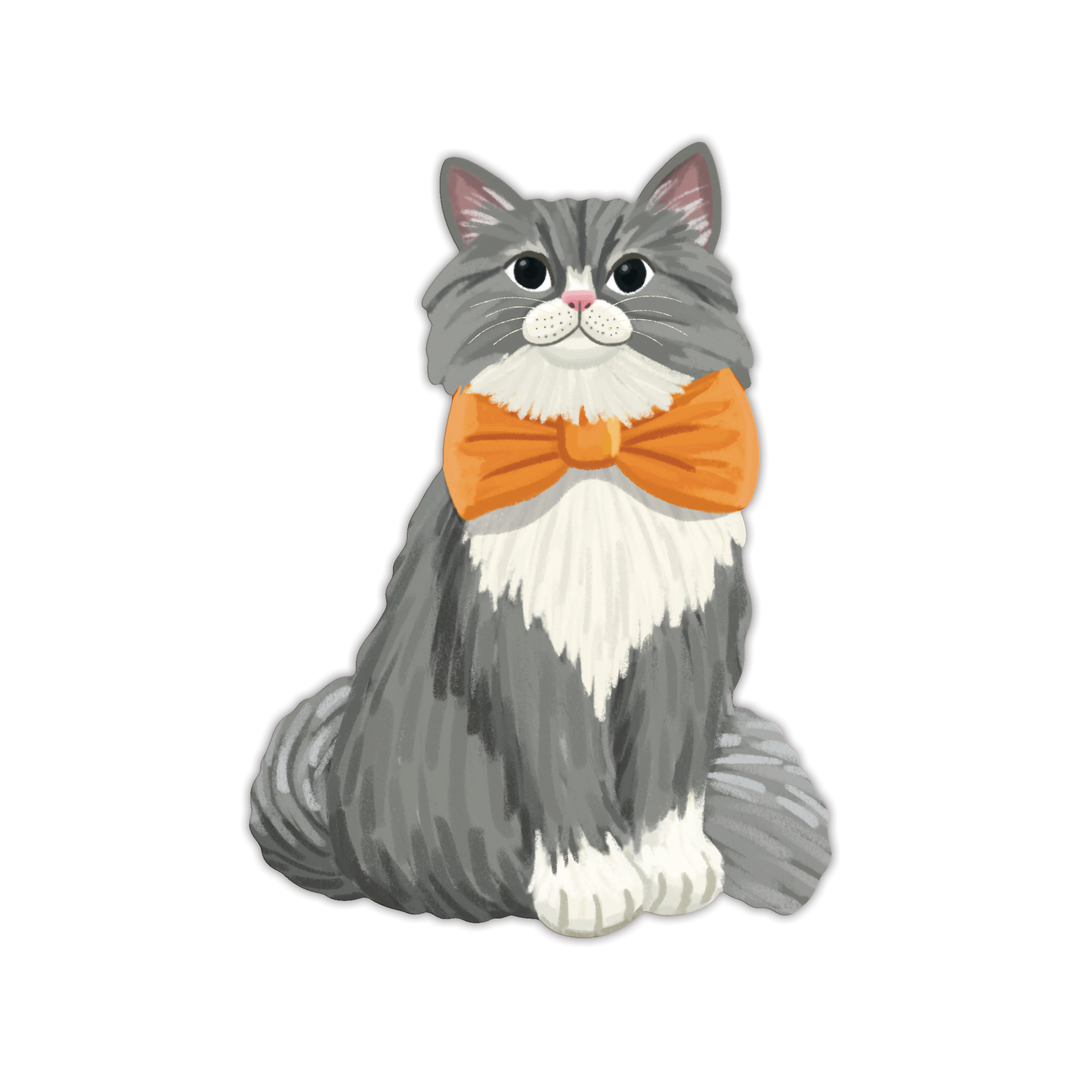 Front of bookmark shaped as a grey and white cat wearing a large orange bow.