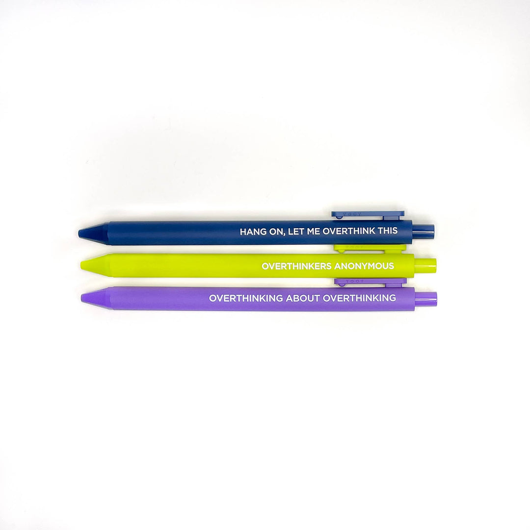 Three pens laid horizontally, navy blue on top, lime green in the middle and purple on the bottom, each with text in white.