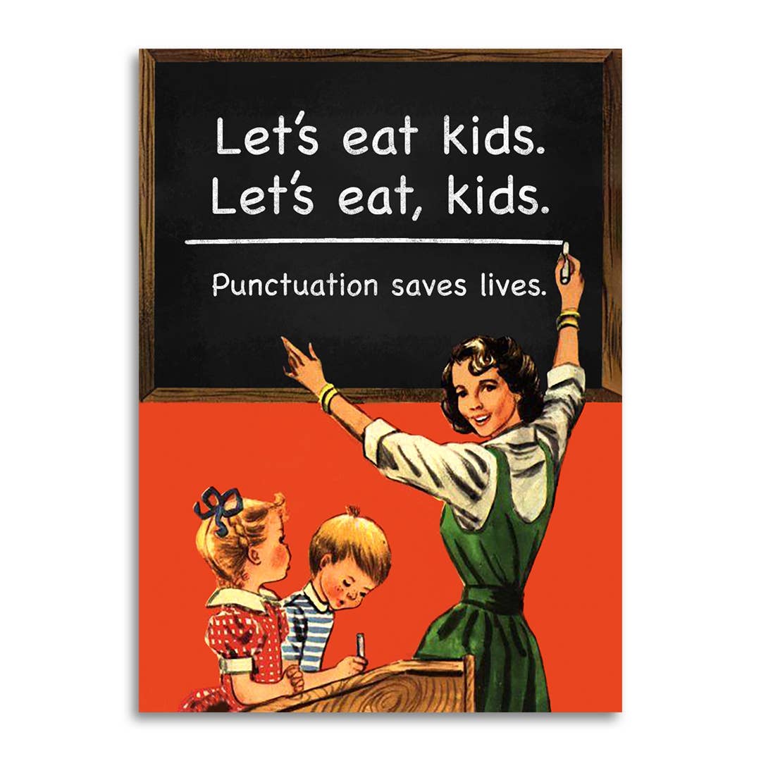 Vintage-style illustration with a teacher poised to write the text on the blackboard while children work at a desk. 