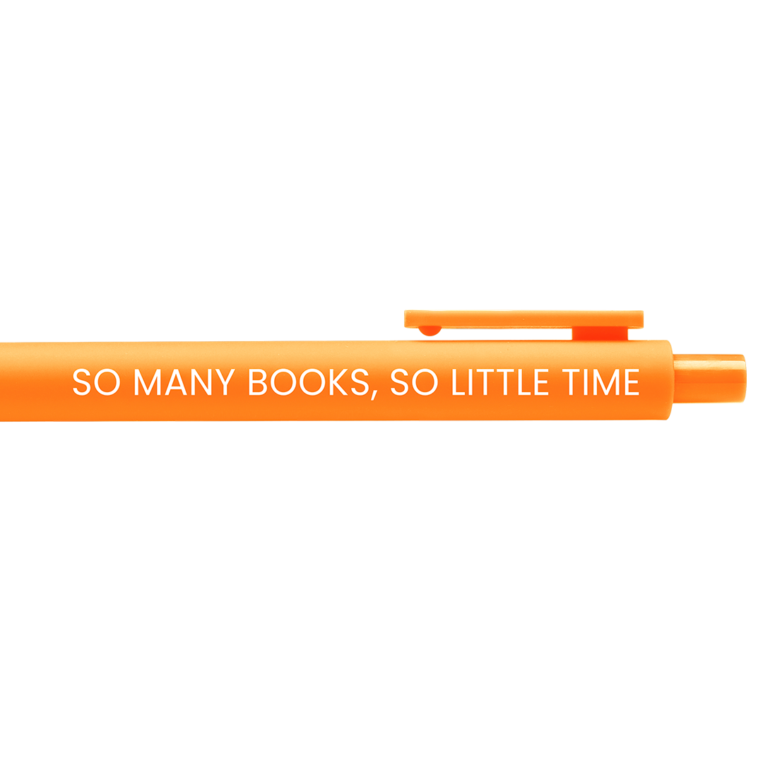 Orange gel pen with clip and clicker and white text.