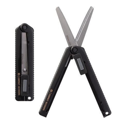Scissor in its case on the left and shown fully open on the right, in black.