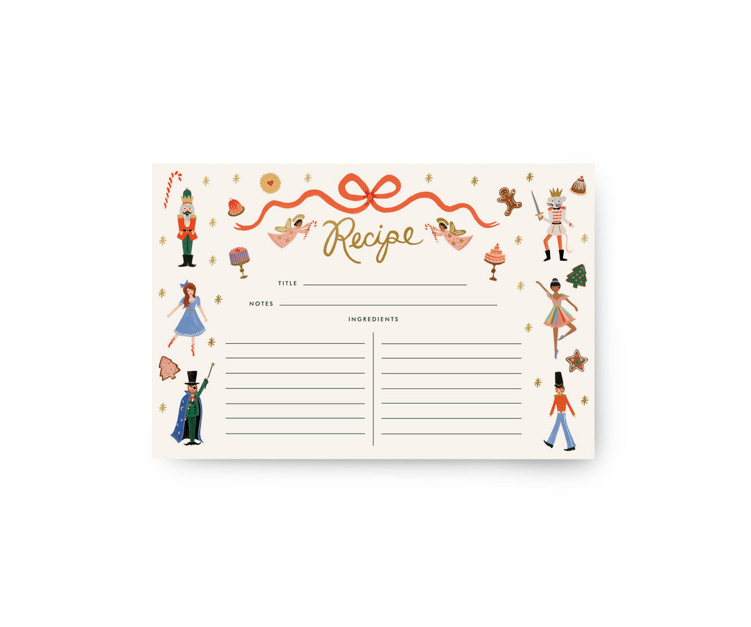 Front of recipe card with Nutcracker characters around the edge and lines for recipe notes and ingredients.