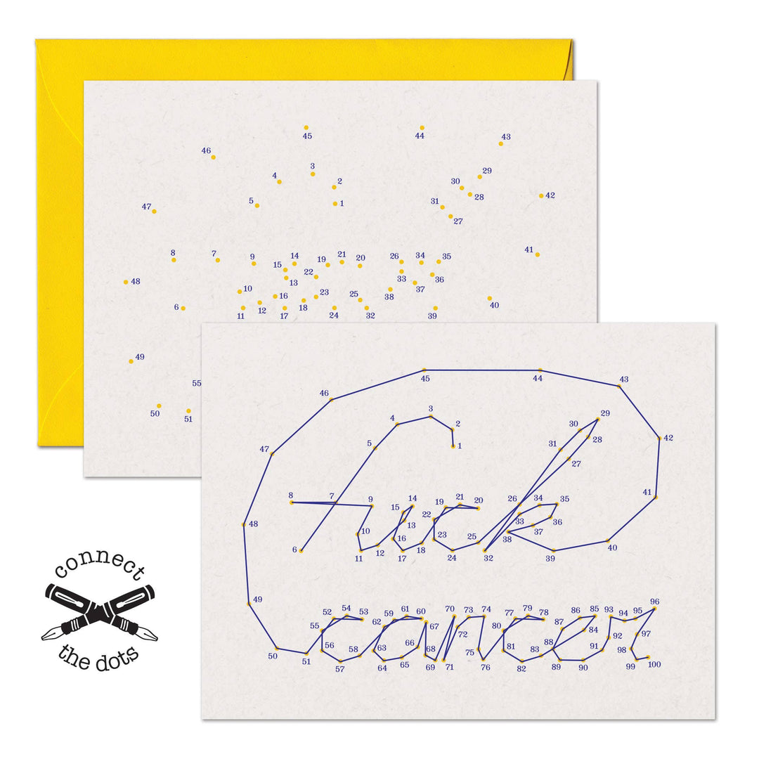 Two cards, one with a 'connect the dots' text on a white background, the second shows the connected dots, spelling out "fuck cancer" in a cursive text.