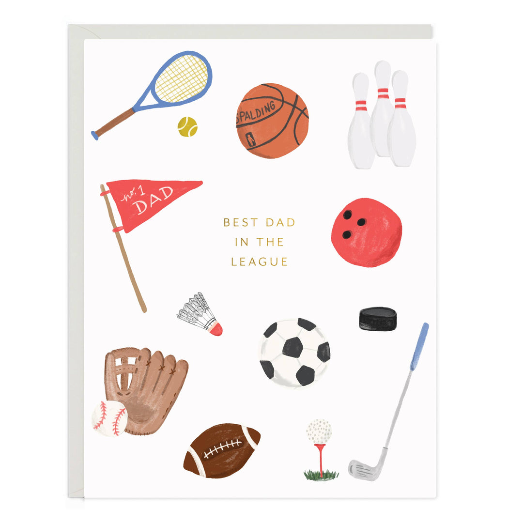 Front of card with a variety of sports equipment surrounding the text 'Best Dad in the League.'