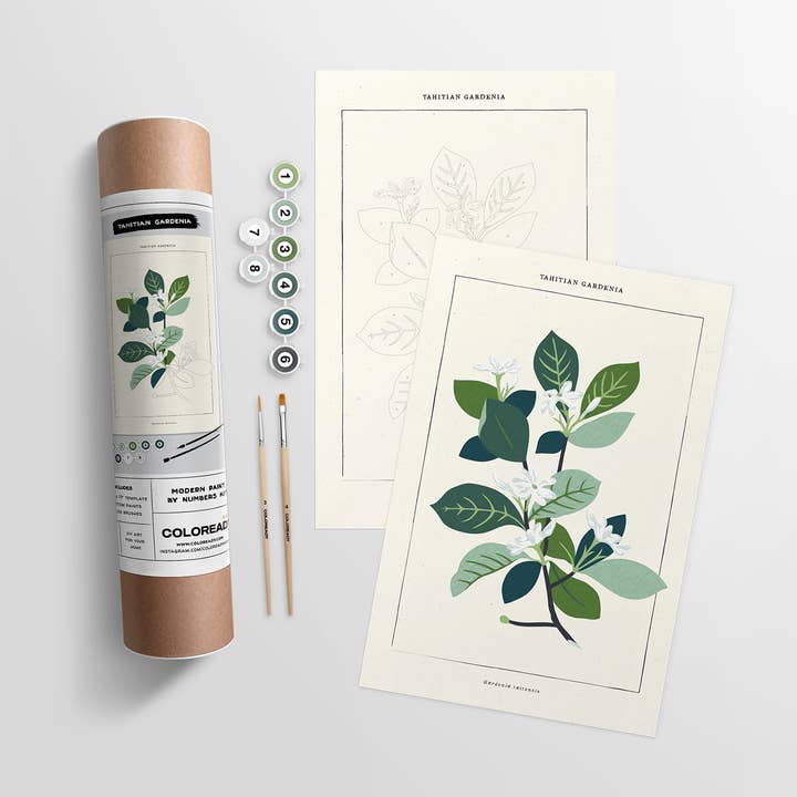 Kit tube, with label showing contents, next to the paint tubes, paintbrushes, and the template and completed painting.