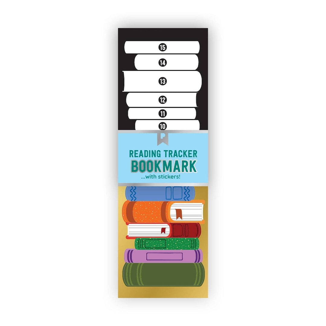 Package of bookmark showing a stack of colorful books under the label and a stack of unlabeled books above.