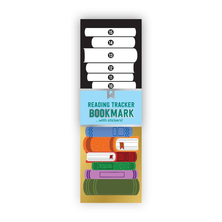 Package of bookmark showing a stack of colorful books under the label and a stack of unlabeled books above.