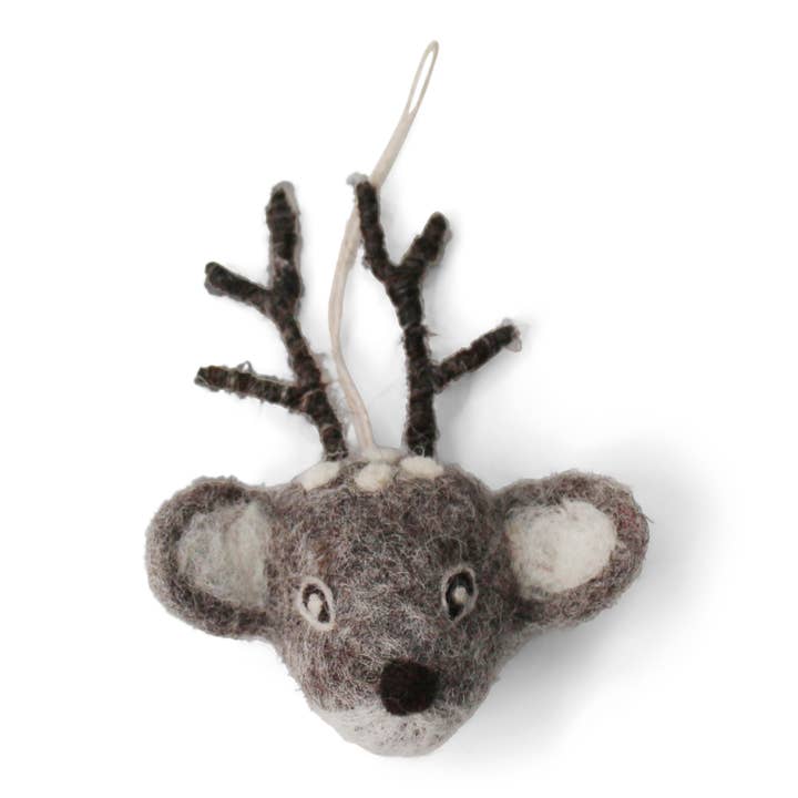 Felted grey reindeer head with dark grey antlers and white features.