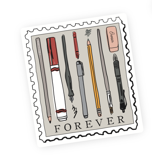 Sticker in the shape of a stamp, with illustrations of writing implements and the word 'Forever' at the bottom.