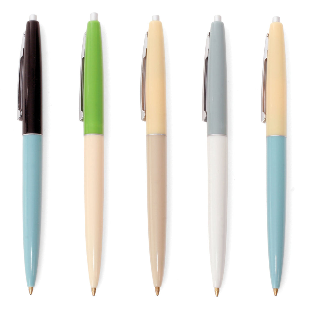 Set of six click pens with top and bottom in coordinating colors.