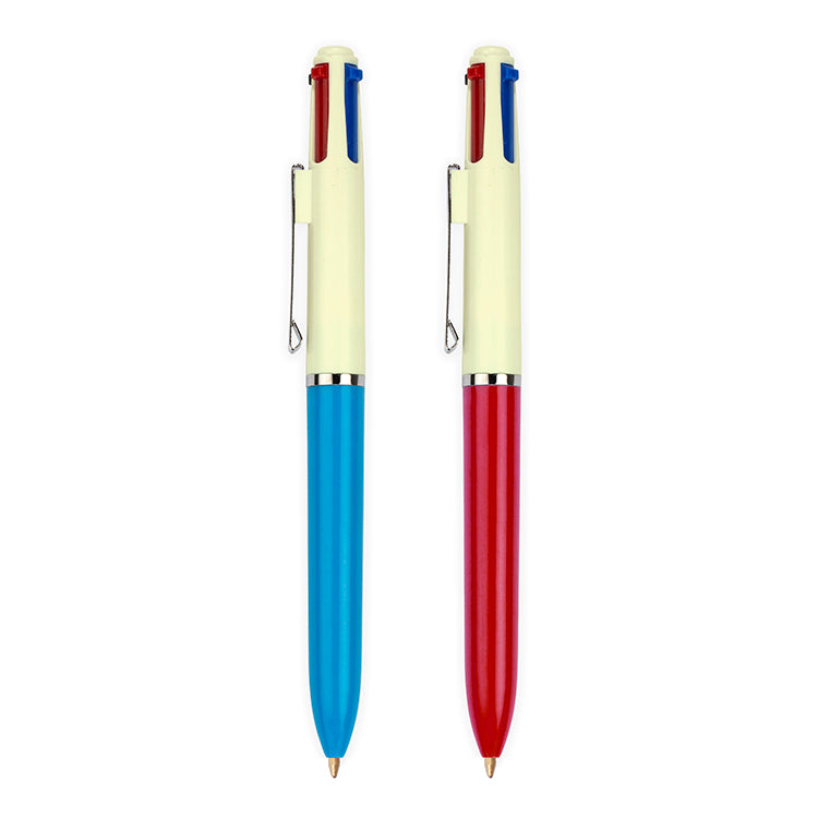 Two multi-colored pens, one with a blue barrel and the other with a red barrel, with four ink choices.