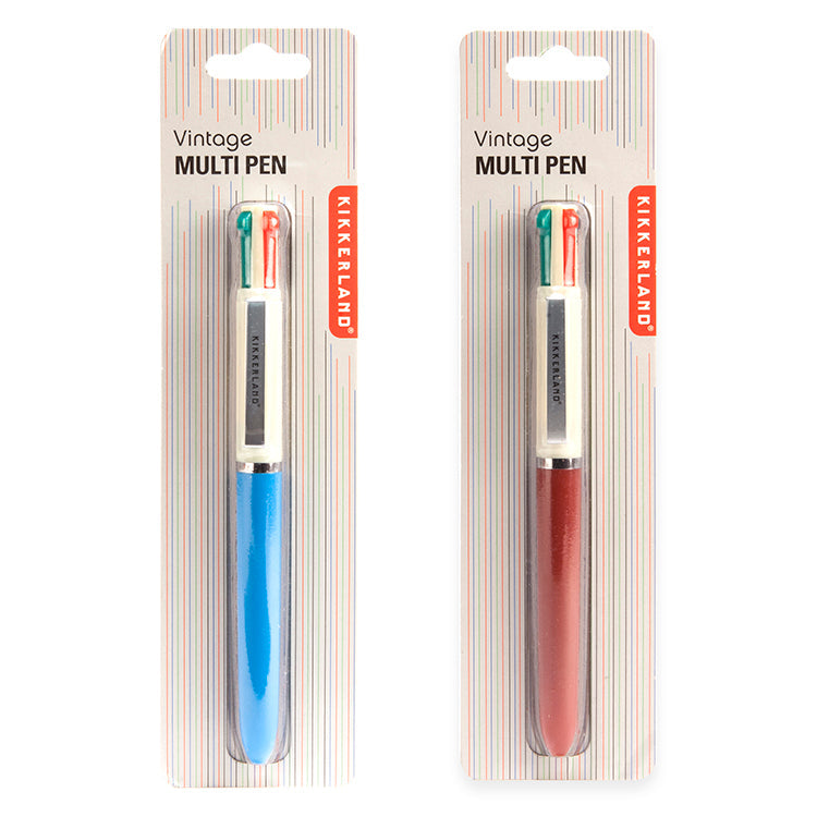 Two vintage multi pens in packaging, one with a blue barrel and the other with a red barrel.