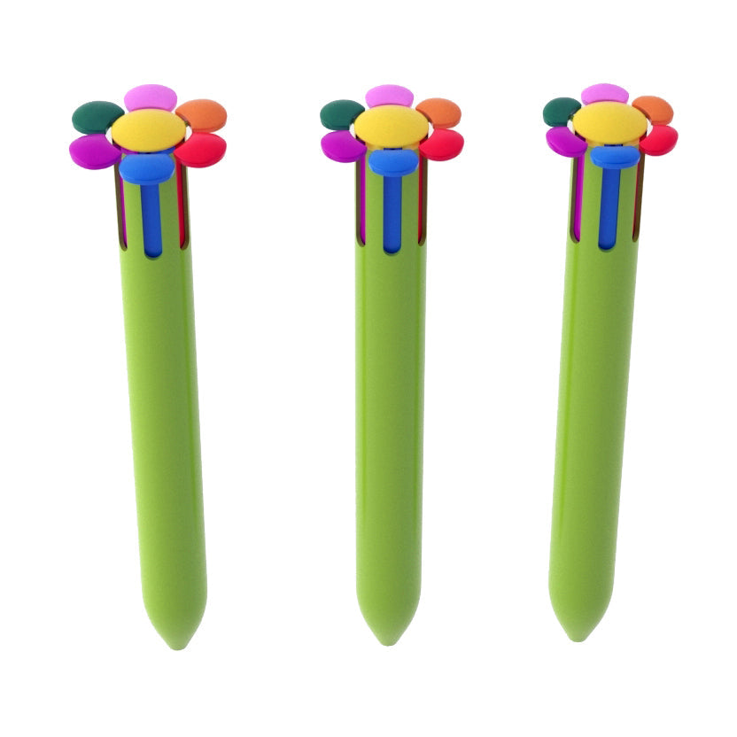 Three pens with flower-shaped clicker of colorful 'petals.'