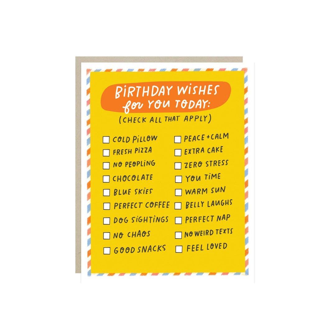 Front of birthday card with a checklist of wishes on a yellow background.