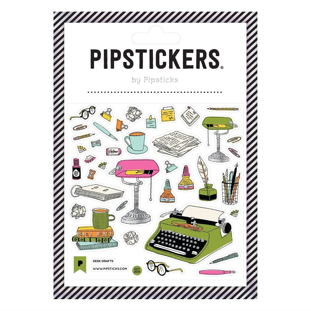Sheet of small and medium-size stickers of items that can be found on a desk, ranging from reading glasses to a typewriter.