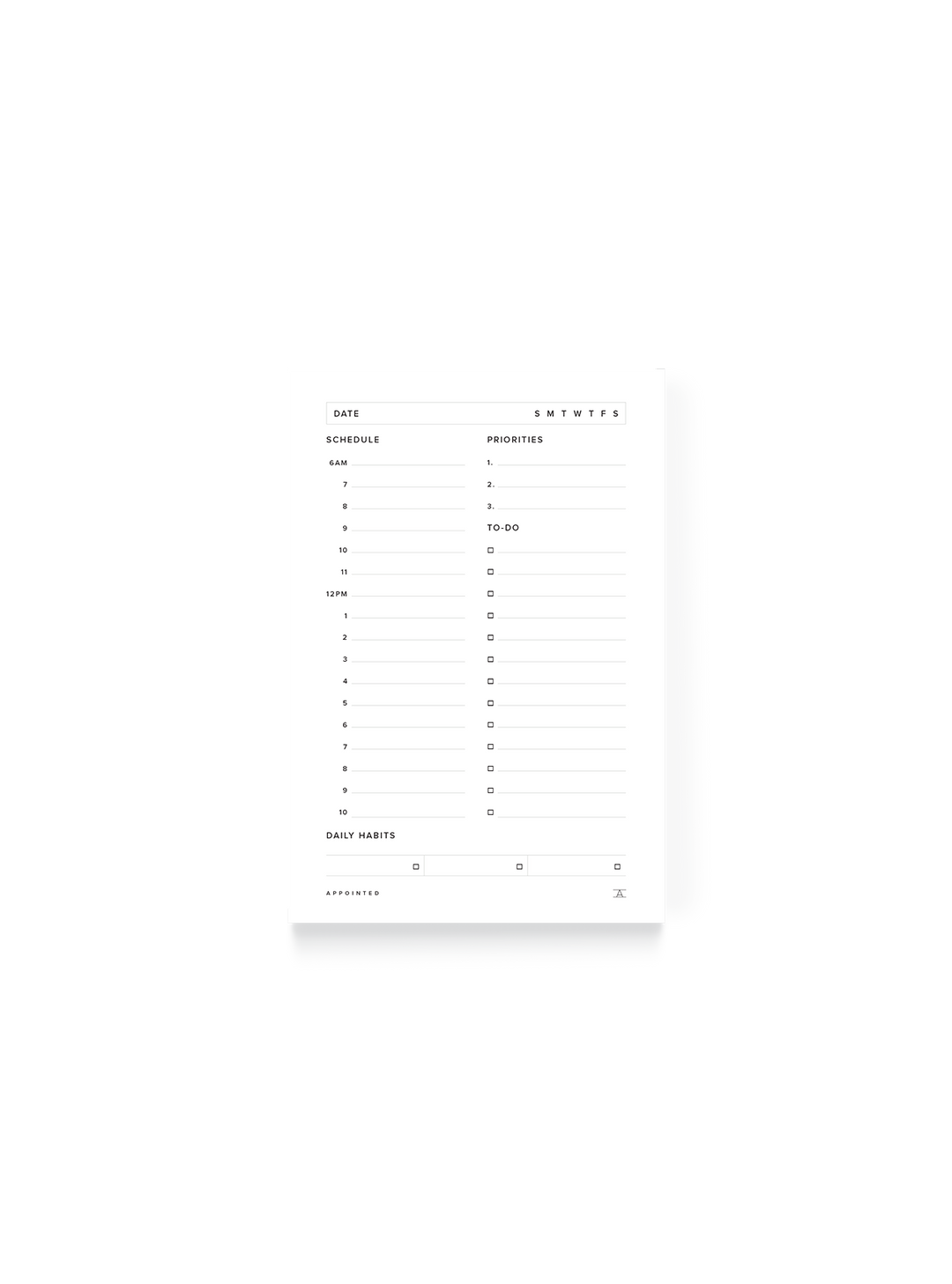 Minimalist daily planner with a white background