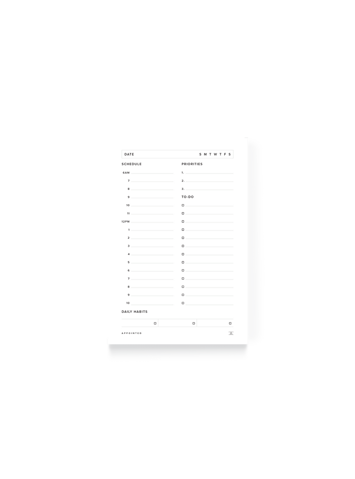 Minimalist daily planner with a white background