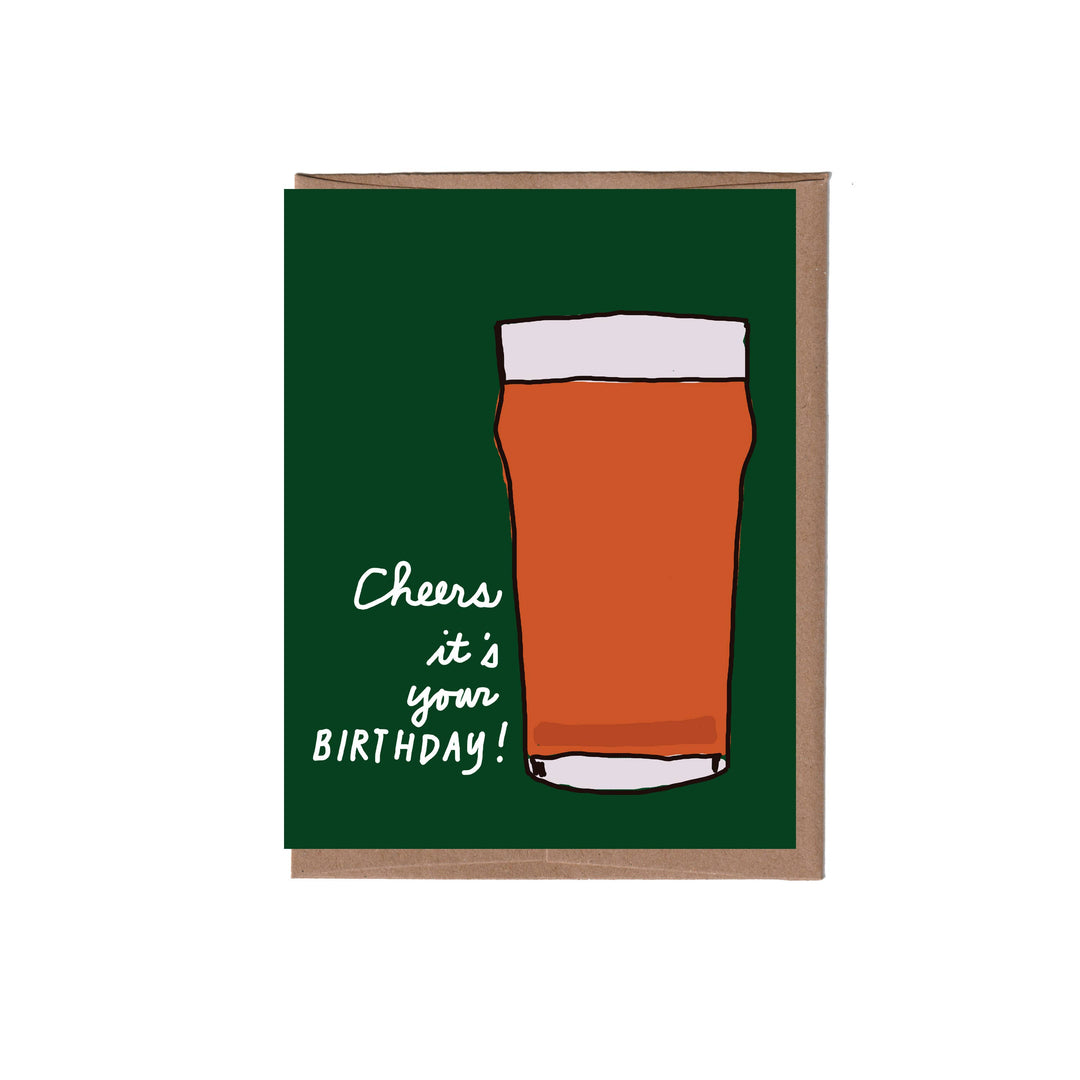 Greeting card with a beer glass illustration and 'Cheers it's your Birthday!' text on a green background.