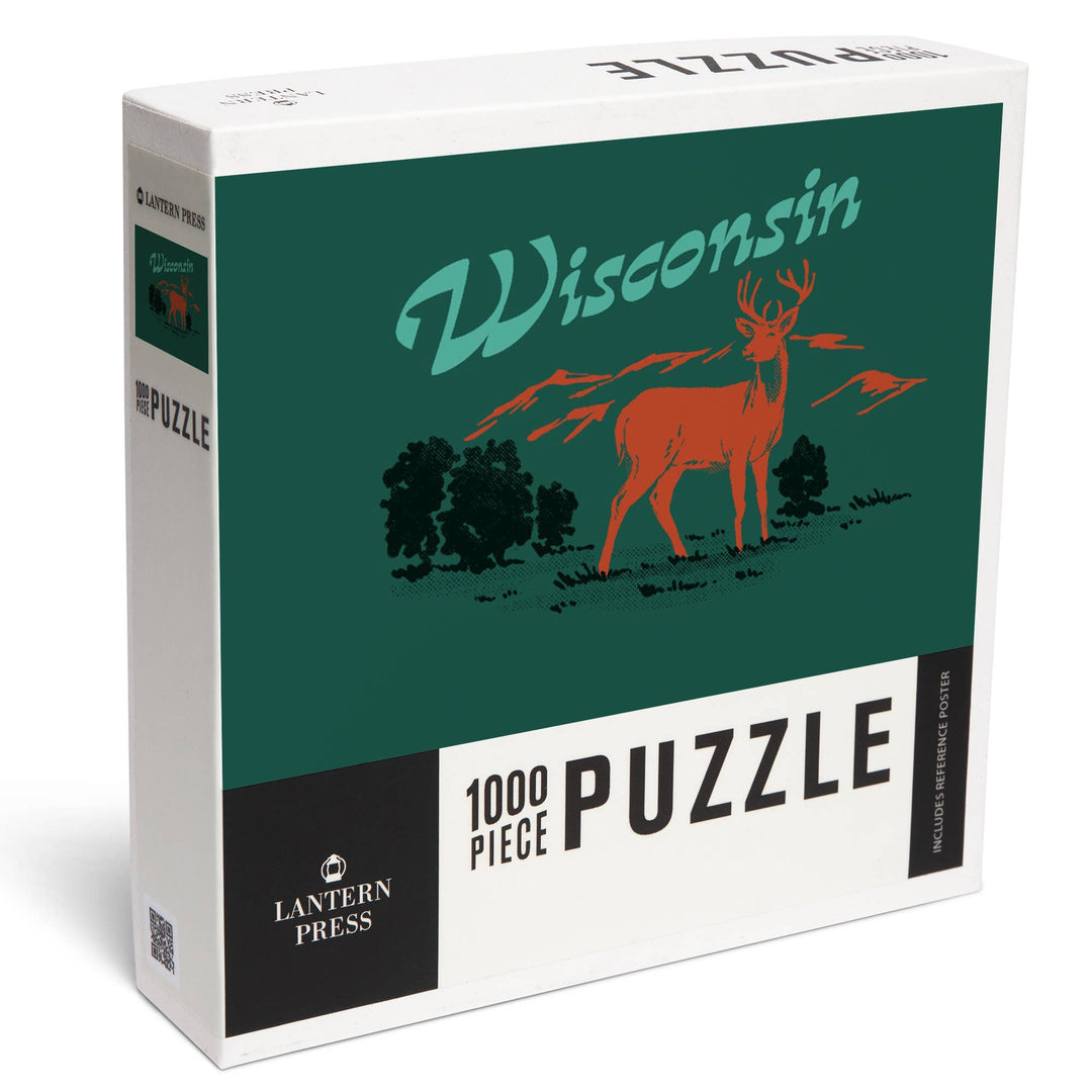Puzzle box with a deer illustration and 'Wisconsin' text on a green background.