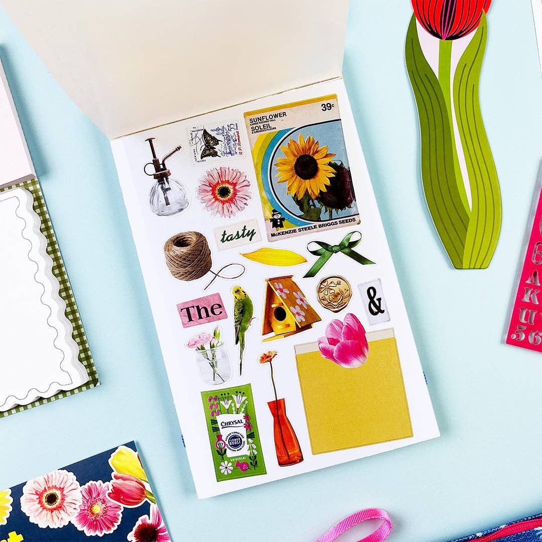 Sheet of decorative stickers including flower blossoms, a bird house, text, string and more.